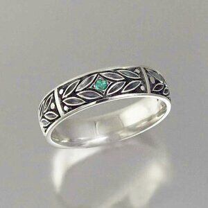 Carved Ethnic Retro Leaf Tiny Green Zircon Ancient Silver Vintage Ring,…